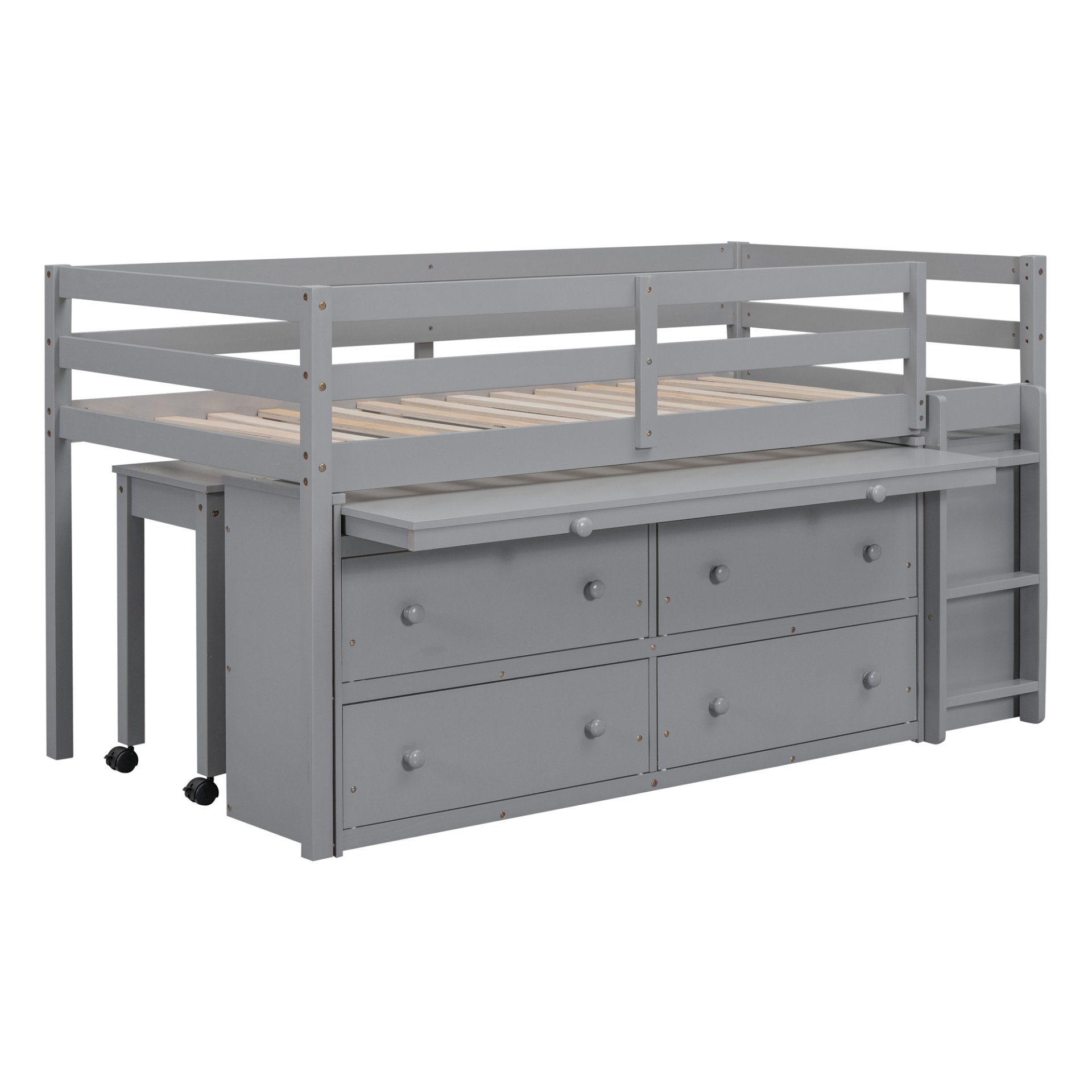 Twin Size Loft Bed With Retractable Writing Desk And 4 Drawers, With Lateral Portable Desk And Shelves - Gray - Image 17