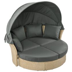 Outdoor Patio Daybed Wicker Rattan Double Daybed Round Sofa Furniture Set With Retractable Canopy, 4 Pillows For Lawn Garden Backyard Porch Pool - Gray