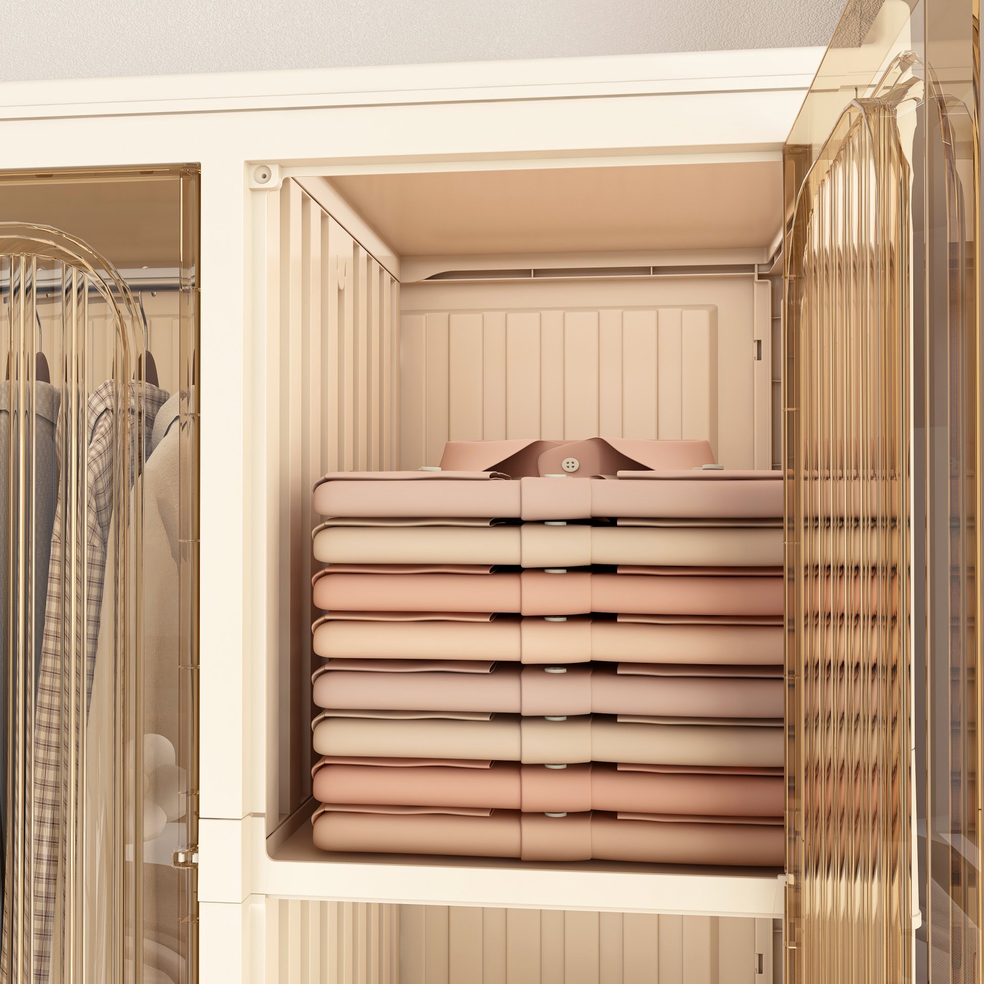 Portable Wardrobe Closet Storage Organizer With 12 Magnetic Doors, 12 Cubes, Hanging Rod & 6 Hangers - Creamy White - Image 10