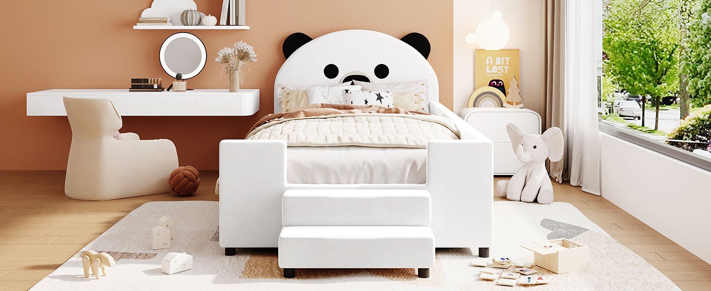 Twin Size Upholstered Daybed With Bear Shaped Headboard, Hydraulic System And Breathable Mesh Fence - White - Image 19