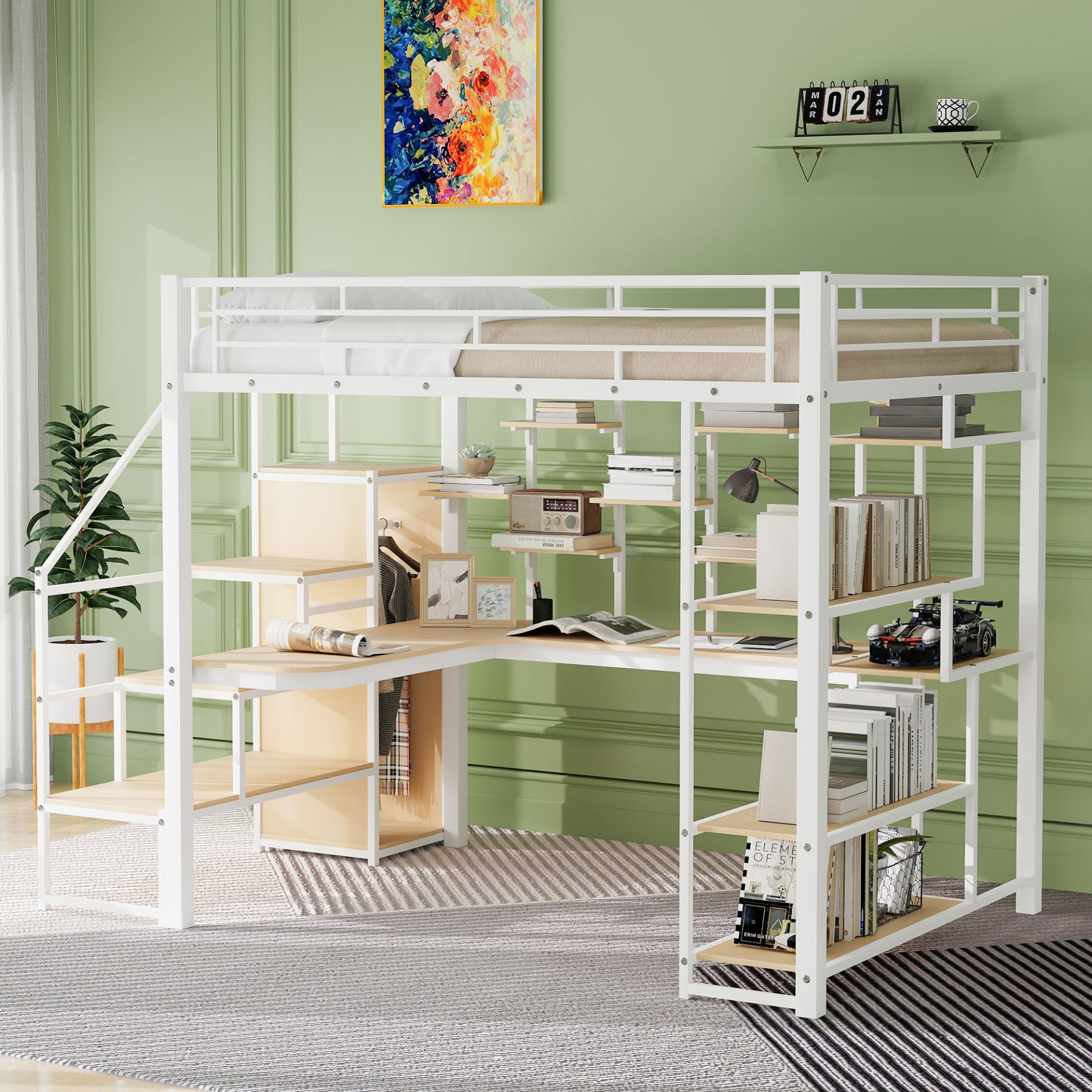 Full Size Metal Loft Bed With Storage Staircase And Small Wardrobe, Built - In Desk And Storage Shelves - White - Image 2