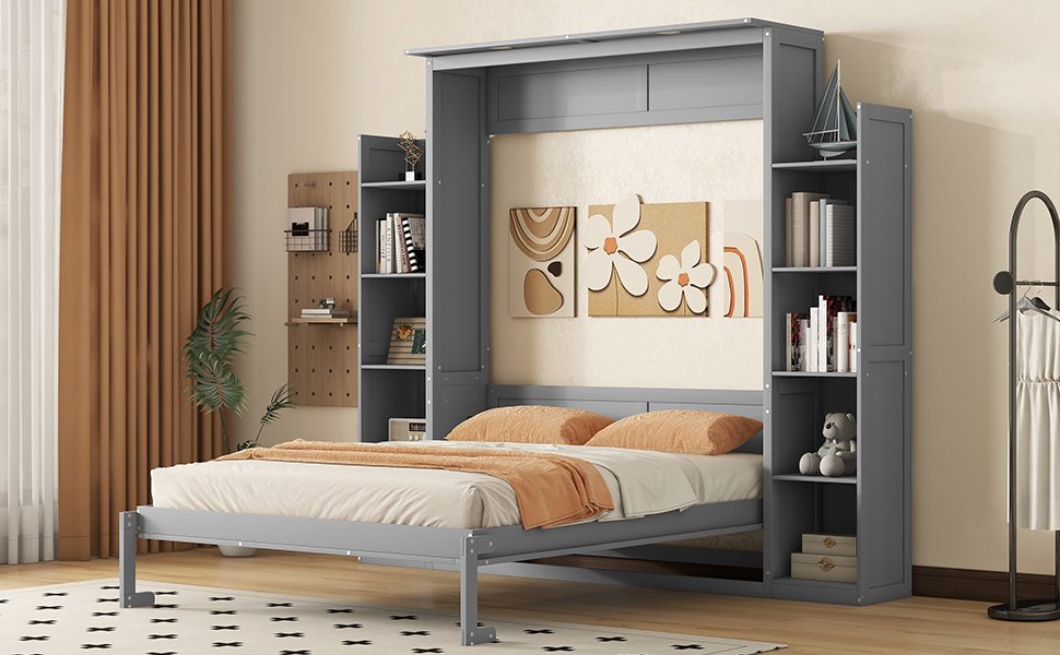 Queen Size Murphy Wall Bed With Shelves And LED Lights - Gray - Image 19