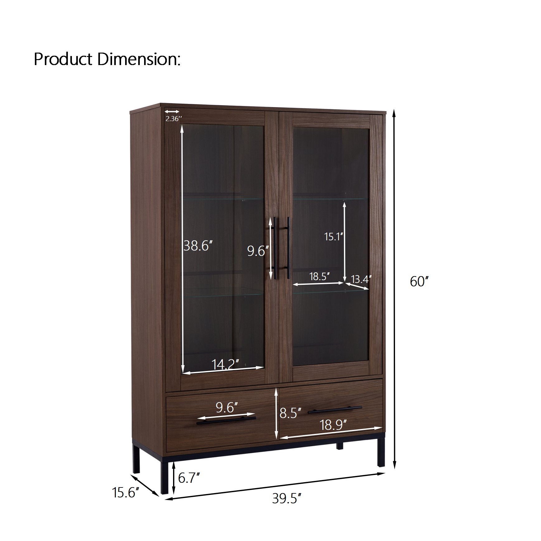Modern Style Tall Display Cabinet With LED Lighting, Tempered Glass Door, 2 Drawers - Black / Dark Walnut - Image 3