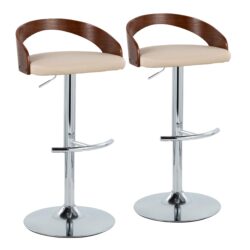 Grotto - Contemporary Adjustable Barstool With Swivel With Rounded T Footrest (Set of 2) - Chrome / Walnut / Cream