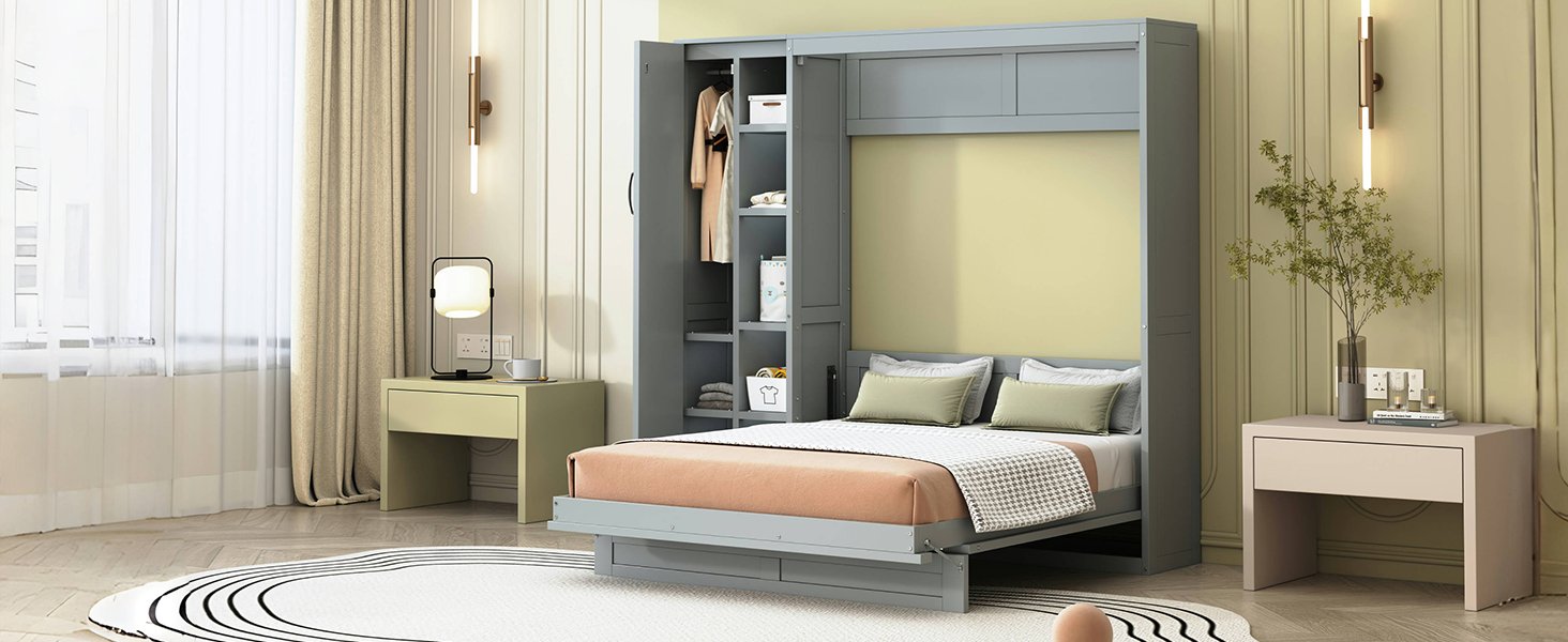 Full Size Murphy Wall Bed With Shelves, Wardrobe And LED Lights - Gray - Image 25