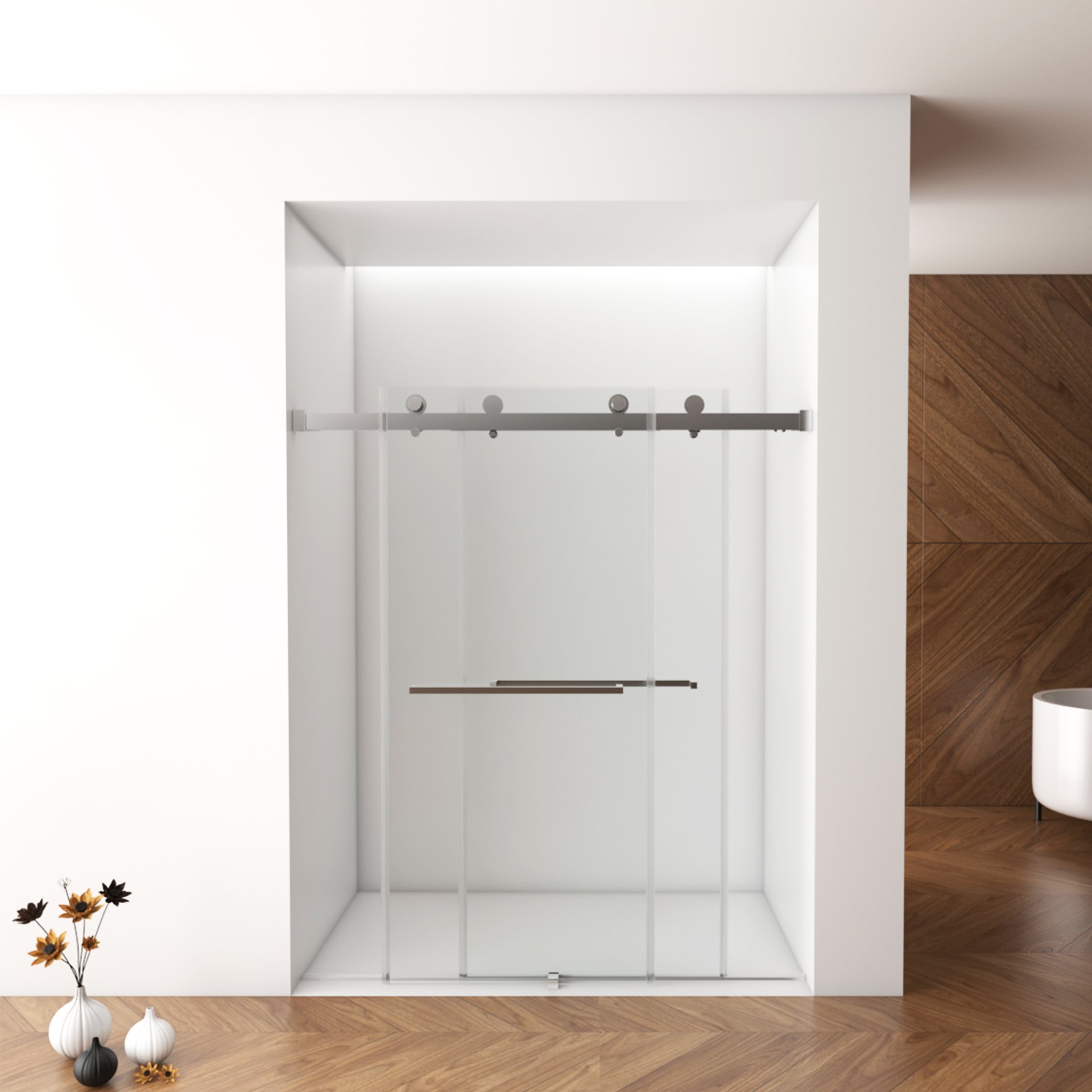 Frameless Shower Door, Double Sliding Shower Door, Clear Tempered Glass Shower Enclosure With Square Rail, Double Side Easy Clean Coat, Finished With Buffer - Brushed Nickel - Image 7