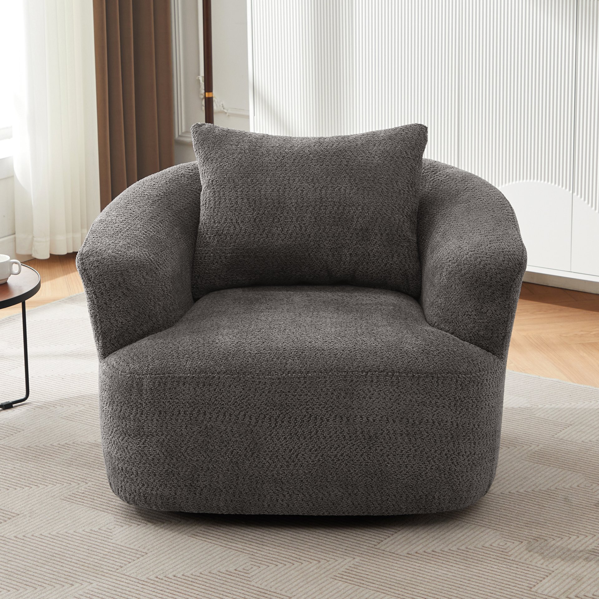 Chenille Upholstered 360° Swivel Barrel Sofa Chair With Throw Pillow, Accent Chair For Living Room, Office And Hotel - Gray - Image 9