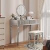 Luxury Vanity Desk With Round Mirror Height Adjustable Dressing Table Set Engineered Wood - Silver - Image 4