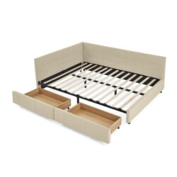 Mid Century Velvet Upholstered Tufted Queen Size Storage Bed Frame With Backrest And Armrests - Beige