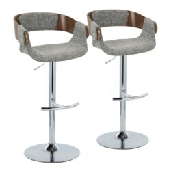 Elisa - Mid-Century Modern Adjustable Barstool With Swivel With Rounded T Footrest (Set of 2) - Chrome / Walnut / Gray