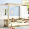 Full Size Canopy Frame Floor Bed With Fence, Guardrails - Natural - Image 10