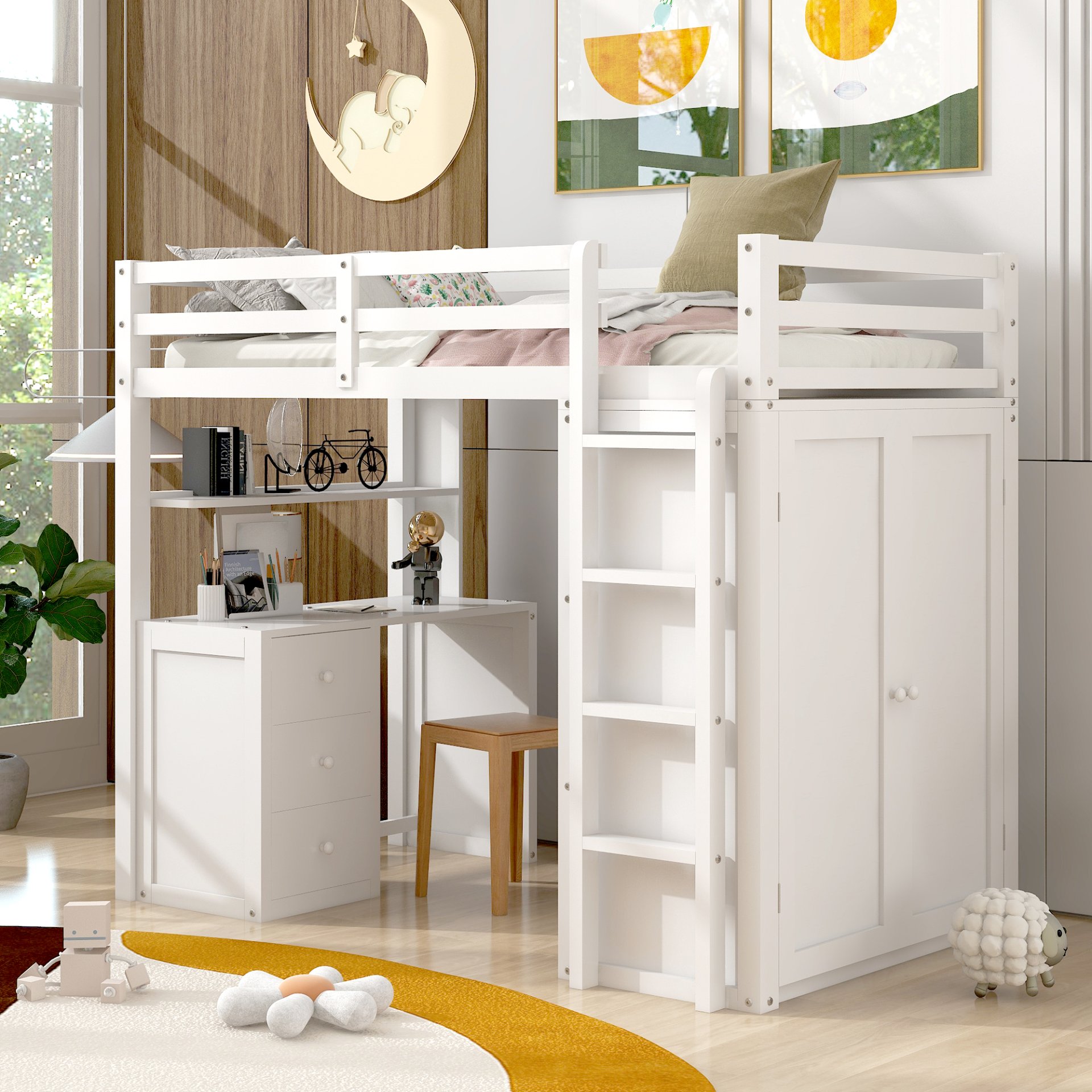 Twin Size Loft Bed With Drawers, Desk, And Wardrobe - White - Image 2