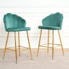 Shell Shape Velvet Bar Chair With Gold Plated Metal Legs (Set of 2) - Green - Image 2