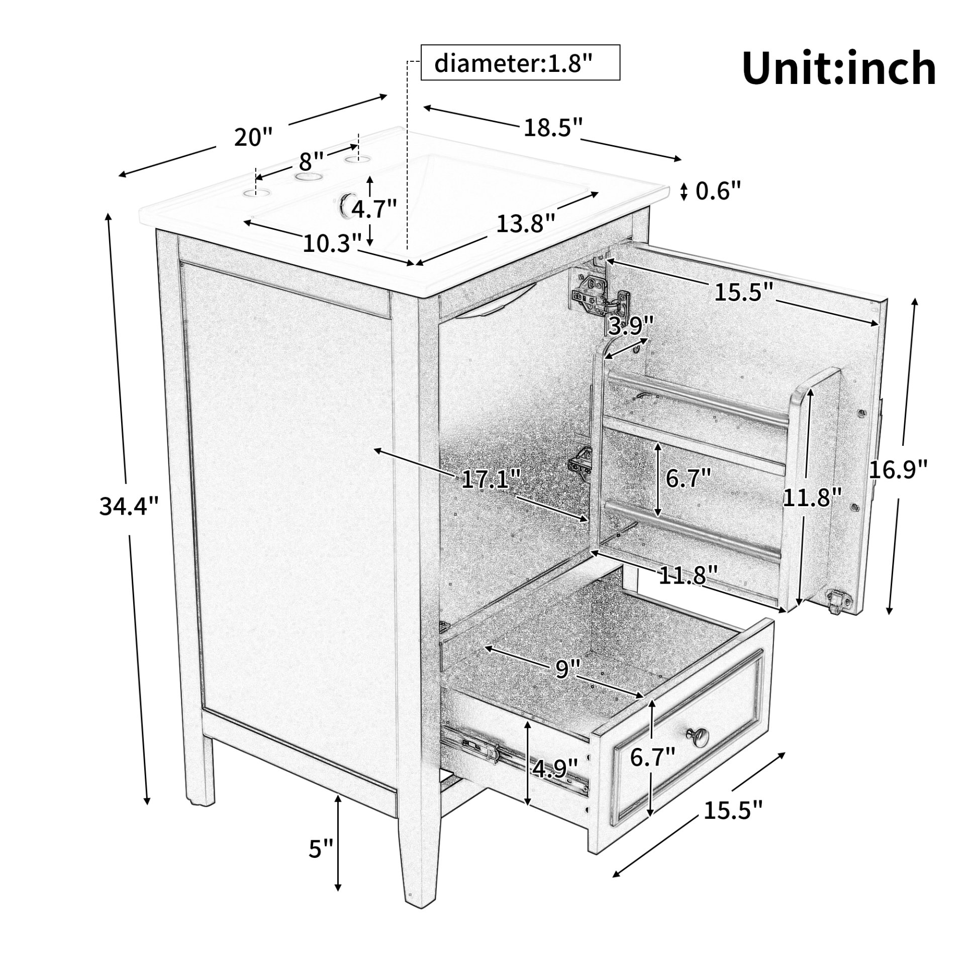 20" Bathroom Vanity With Sink, Bathroom Cabinet With A Door, Door Shelf Storage And Adiustable Foot Pads, A Drawer - Gray - Image 3