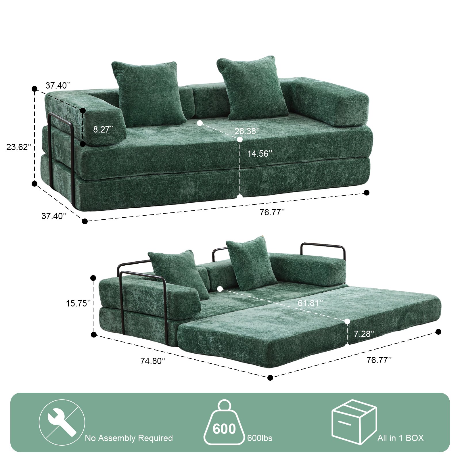 Floor Couch, Compression Sofa, Convertible Floor Sofa Bed & Pillow Back Support Armrest - Dark Green - Image 3