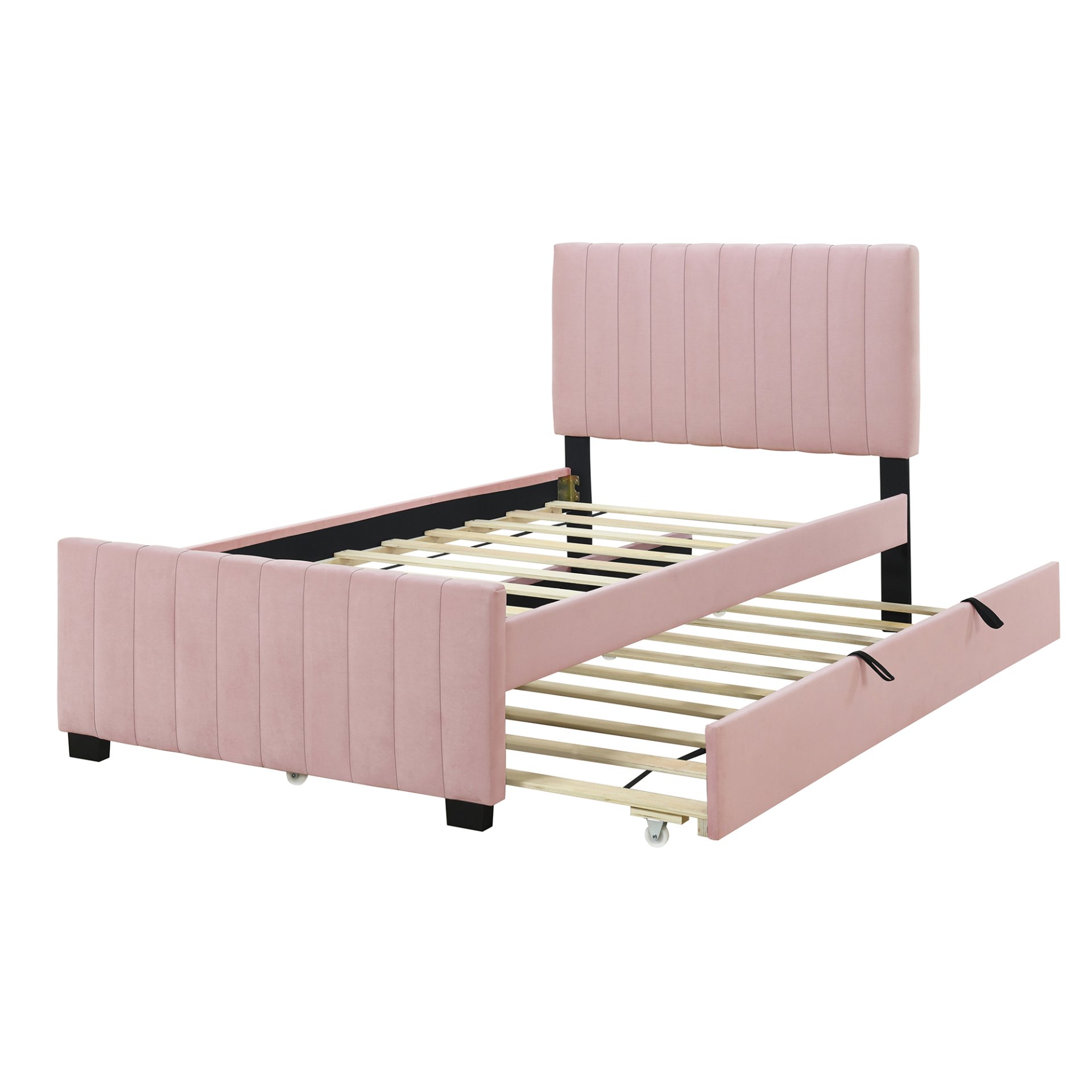 Twin Size Upholstered Platform Bed With Twin Size Trundle - Pink - Image 4
