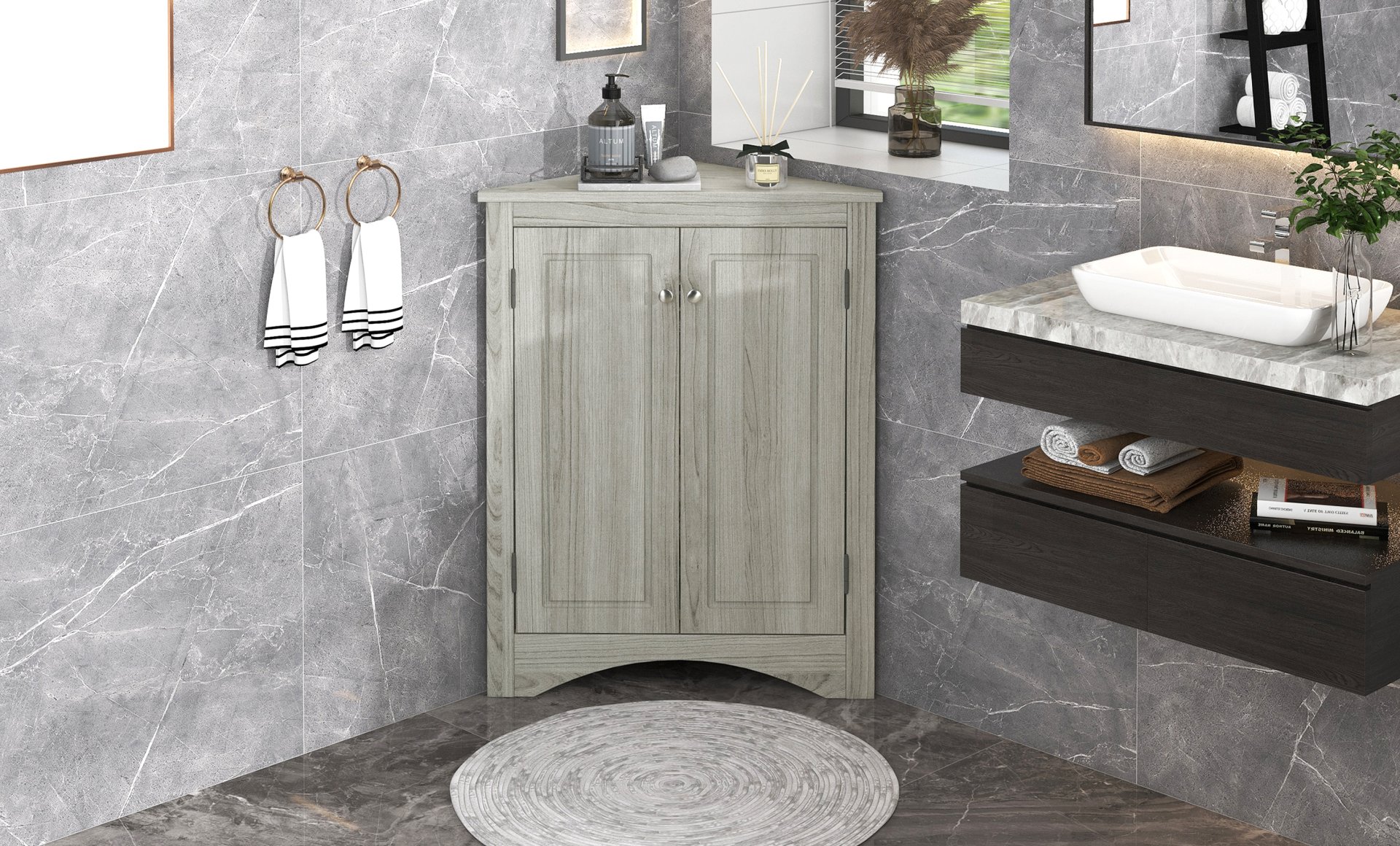 Triangle Bathroom Storage Cabinet With Adjustable Shelves, Freestanding Floor Cabinet For Home Kitchen - Oak - Image 8