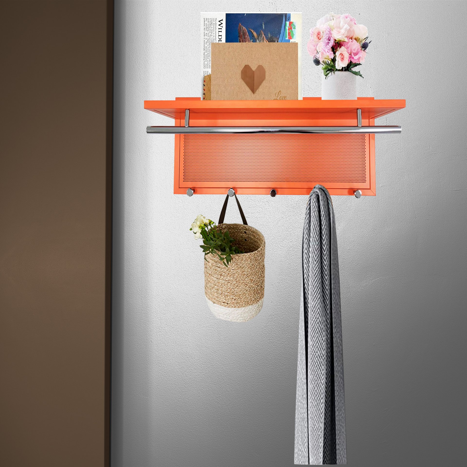 Esyspot - Metal Powder Coating Hook Wall Mounted With Shelf - Orange / Chrome - Image 3
