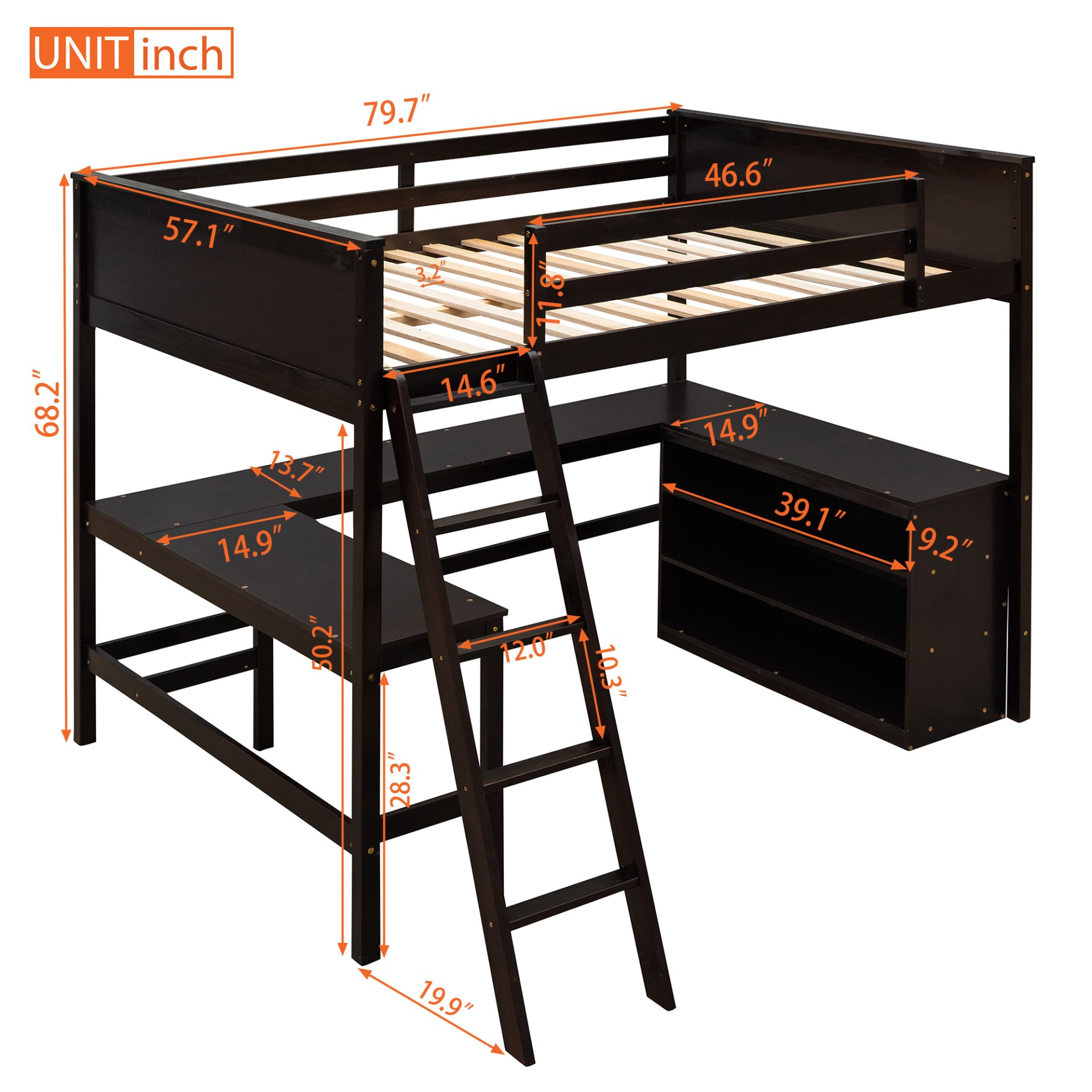 Full Size Loft Bed With Shelves With Desk - Espresso - Image 13