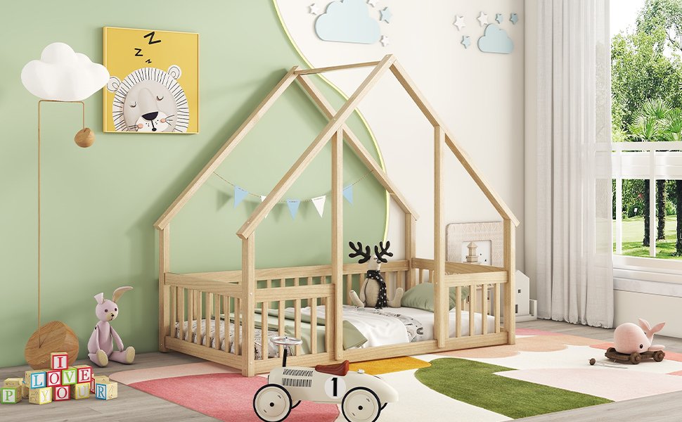 Twin Wood House-Shaped Floor Bed With Fence, Guardrails - Natural - Image 7