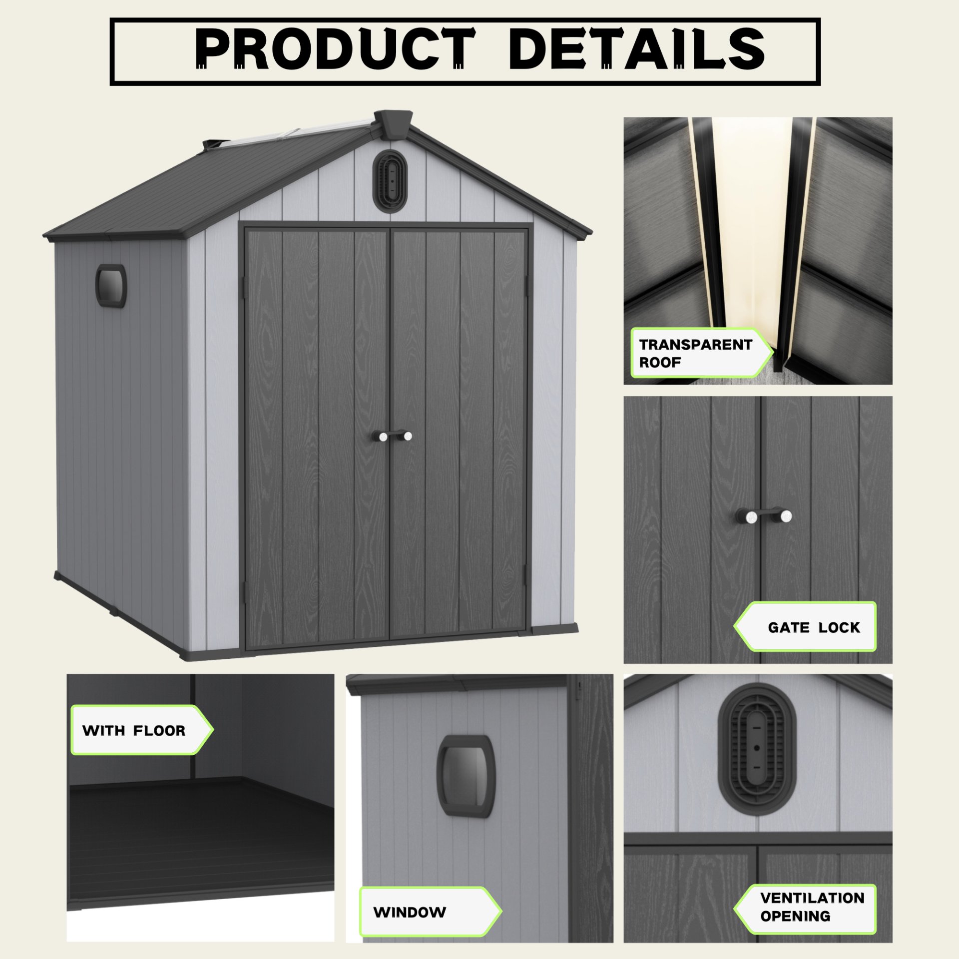 Modern Resin Plastic Storage Shed 6X8Ft For Backyard Garden Tool Storage - Black / Gray - Image 5