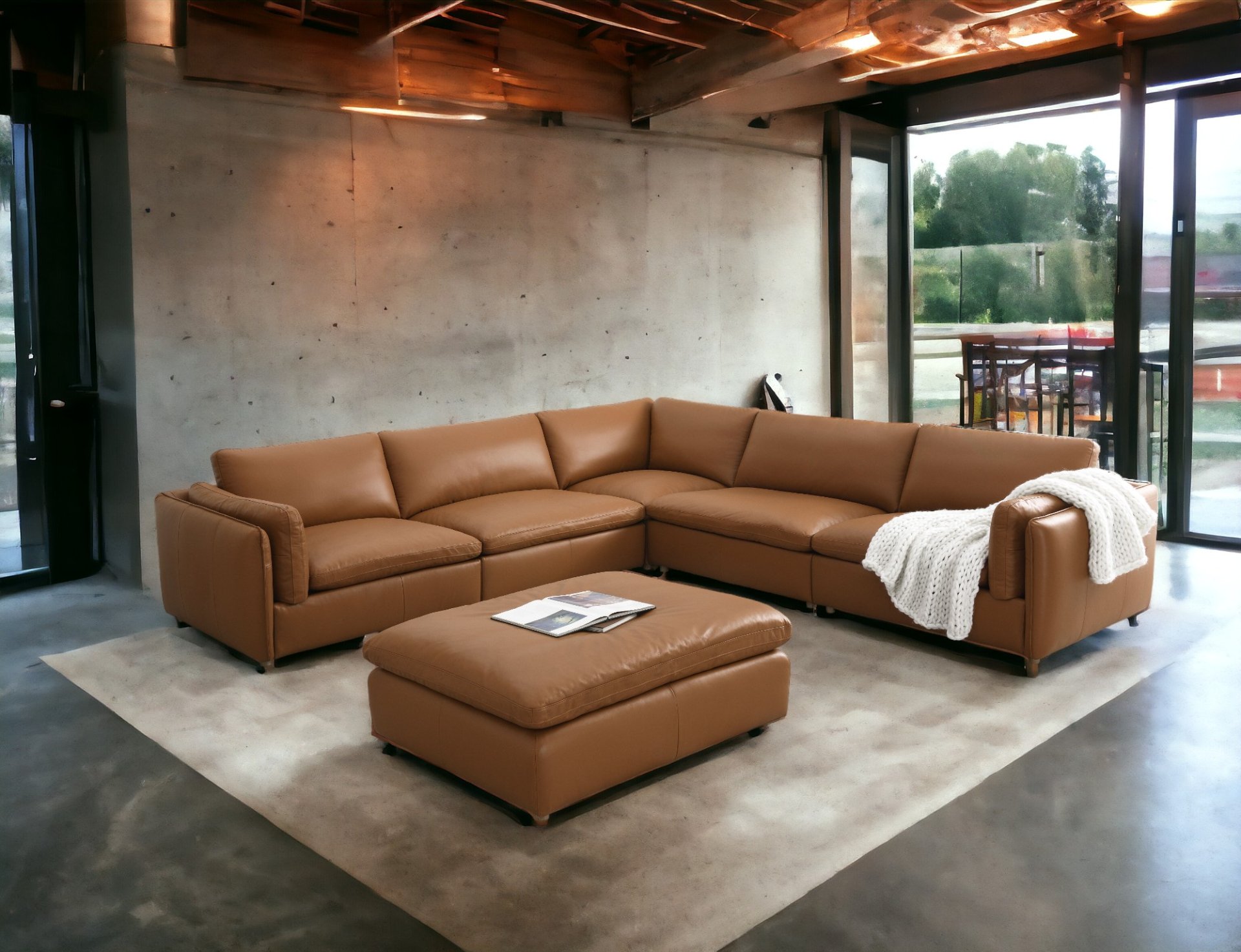 Brighton - Top Grain Leather 6 Pieces Modular Sectional With 1 Ottoman - Brown - Image 3