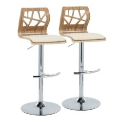 Folia - Mid-Century Modern Adjustable Barstool With Swivel With Rounded T Footrest (Set of 2) - Chrome / Zebra / Cream