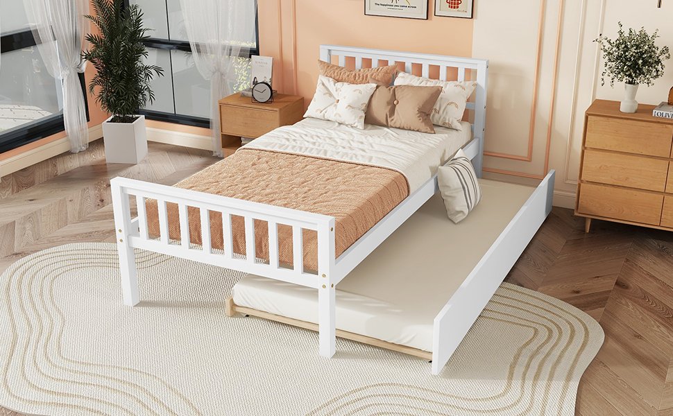 Twin Bed With Trundle, Platform Bed Frame With Headboard And Footboard, For Bedroom Small Living Space, No Box Spring Needed - White - Image 4