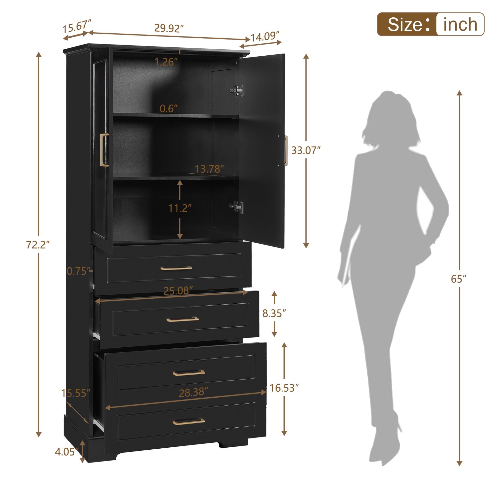 Bathroom Cabinet With 3 Drawers, Adjustable Shelf, Panels, Steel Handles, Soft Close Doors - Black - Image 3