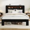 Platform Queen Bed Frame With Storage, LED Light Headboard, USB Ports, Noise Free - Black - Image 3