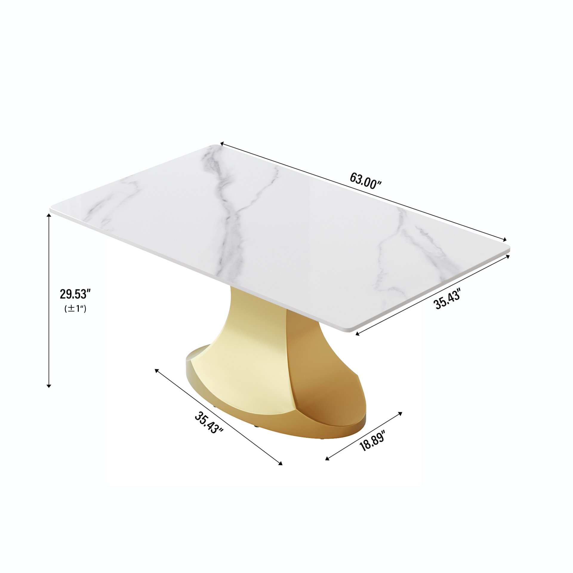 63" Modern Artificial Stone Panel Golden Stainless Steel Curved Legs, Can Accommodate 6-8 People - White / Gold - Image 3