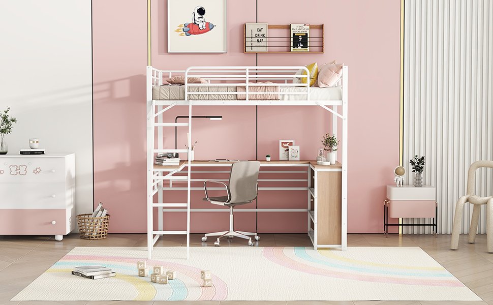 Twin Size Loft Bed With 3 Layers Of Shelves And L-Shaped Desk - White - Image 15