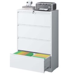 Modern Steel 4 Drawer Lateral File Cabinet With Lock, Metal Construction - Brushed Nickel