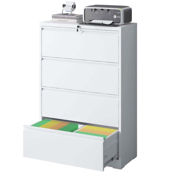 Modern Steel 4 Drawer Lateral File Cabinet With Lock, Metal Construction - Brushed Nickel