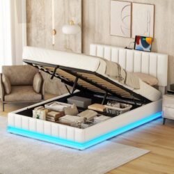 Full Size Upholstered Bed With Hydraulic Storage System And LED Light, With Sockets And USB Ports - White