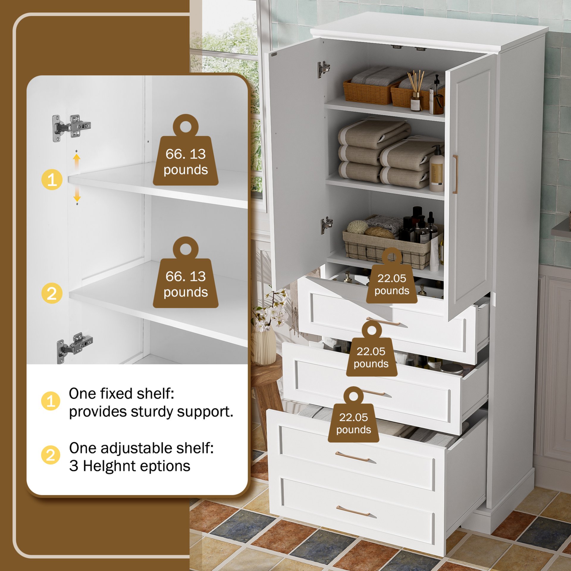 Bathroom Cabinet With 3 Drawers, Adjustable Shelf, Panels, Steel Handles, Soft Close Doors - White - Image 7