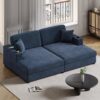 Oversized Loveseat Chaise Lounge Sectional Sofa Bed Corduroy Sleeper Sofa With 2 USB Ports, 2 Cup Holders And 2 Throw Pillows For Living Room And Bedroom - Blue - Image 3