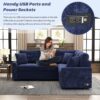 L-Shape Sofa Bed Pull-Out Sleeper Sofa With Wheels, USB Ports, Power Sockets For Living Room - Navy Blue - Image 5