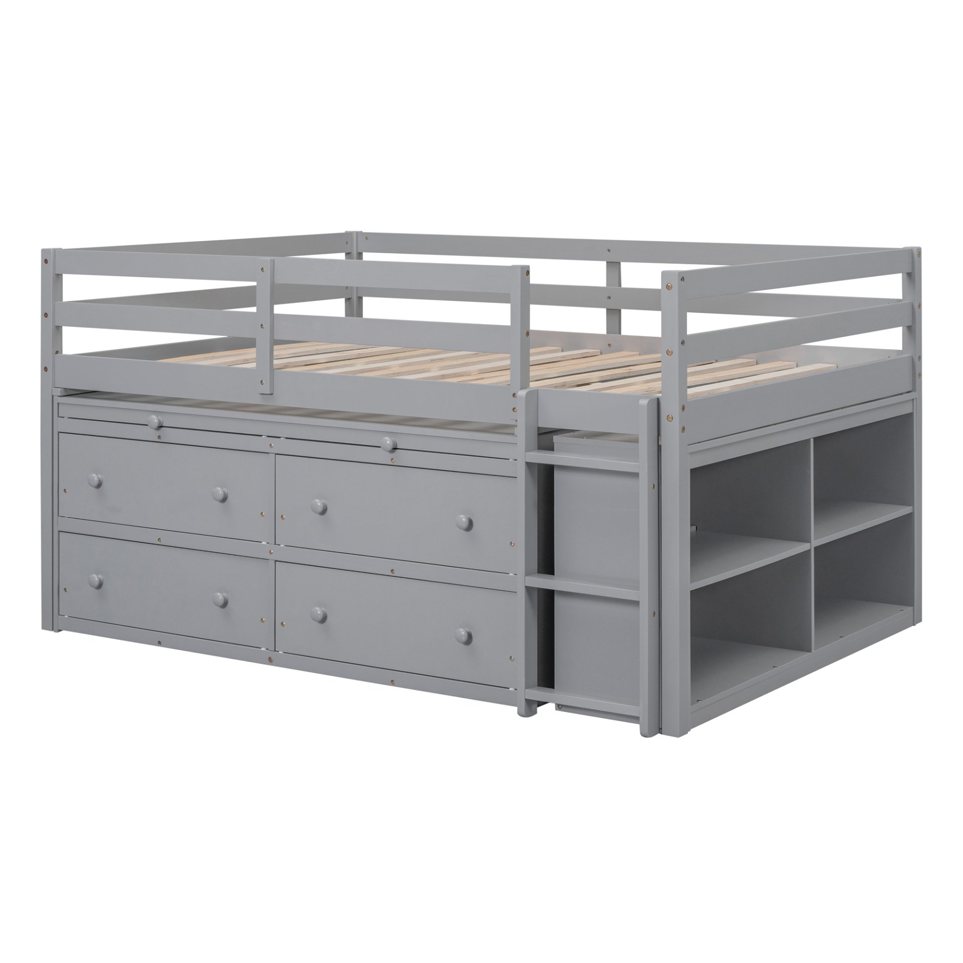 Full Size Loft Bed With Retractable Writing Desk And 4 Drawers, With Lateral Portable Desk And Shelves - Gray - Image 10
