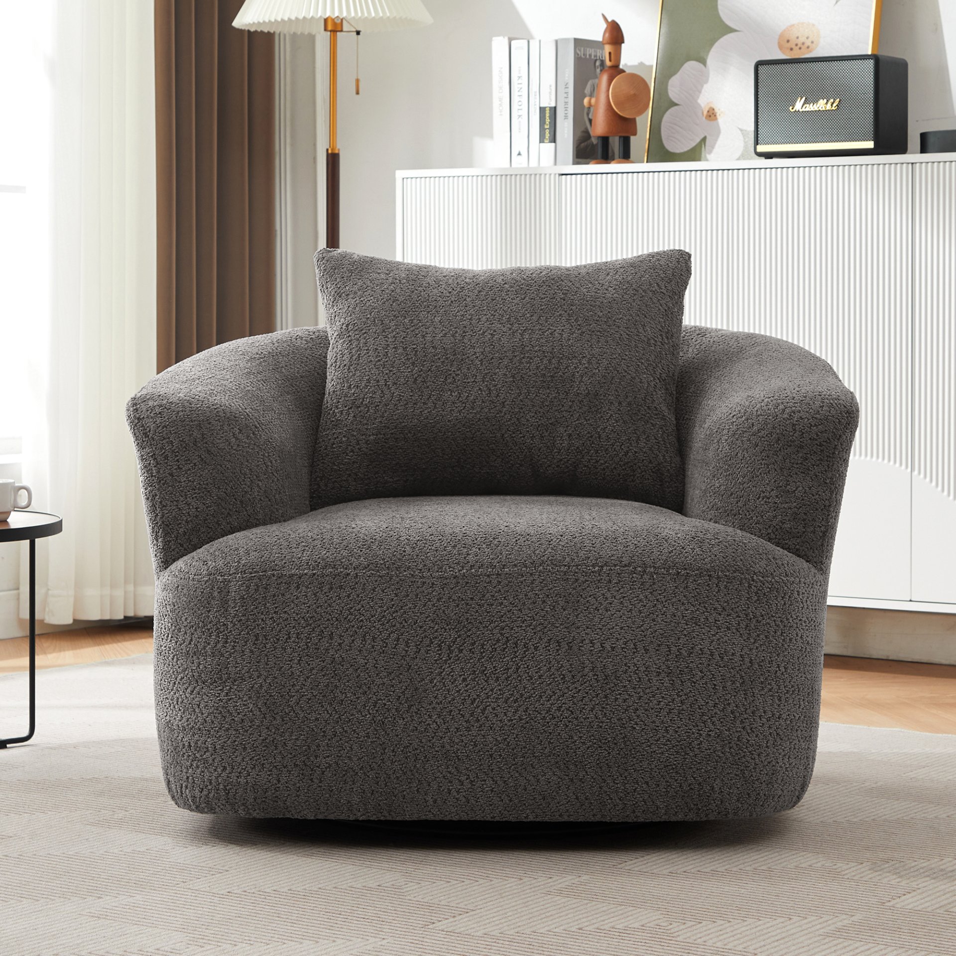 Chenille Upholstered 360° Swivel Barrel Sofa Chair With Throw Pillow, Accent Chair For Living Room, Office And Hotel - Gray - Image 8
