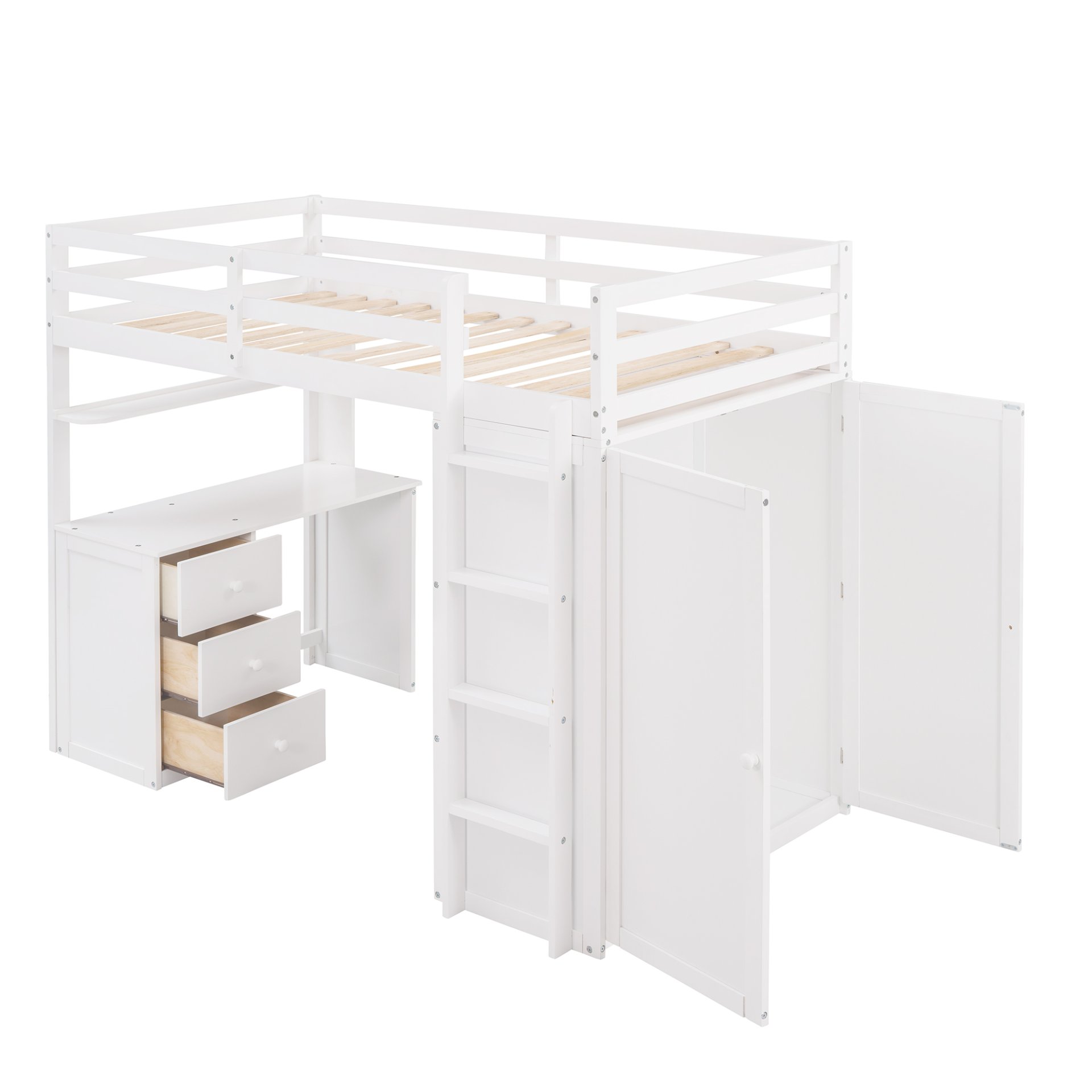 Twin Size Loft Bed With Drawers, Desk, And Wardrobe - White - Image 6