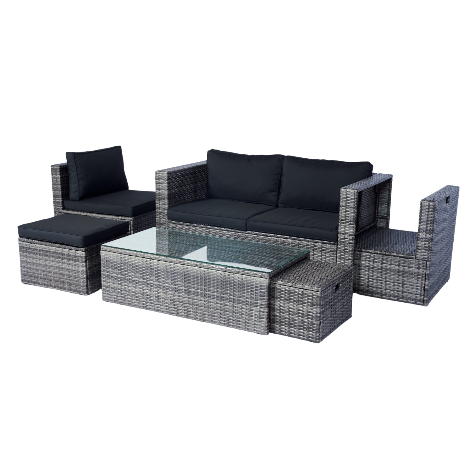 6 Piece Patio Wicker Sectional Set Patio Backyard Conversation Set Space Saving - Gray / Black - Image 14