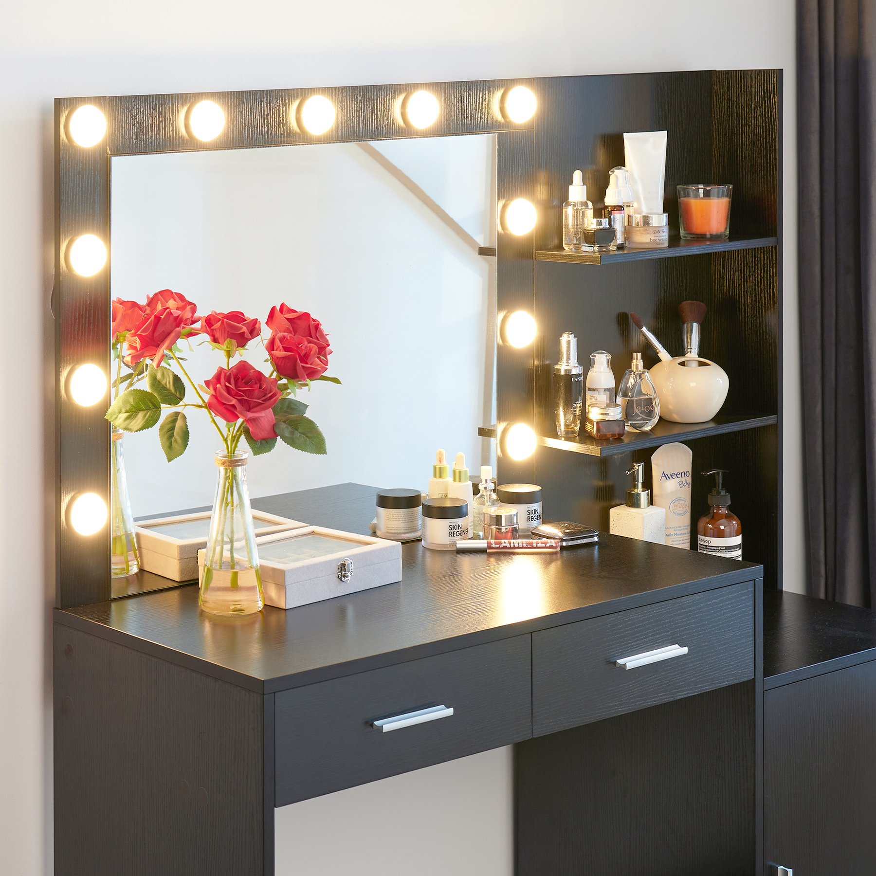 Vanity Desk With Mirror And Lights, 46.4In Dressing Table With 2 Large Drawer & Large Vertical Organizer, 3 Level Dresser & 3 Lighting Modes Adjustable Brightness, Suitable For Bedroom - Black - Image 5