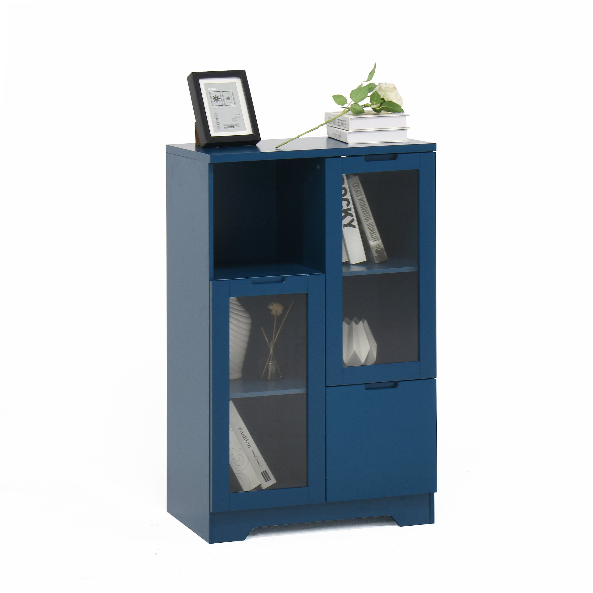 Painted Cabinet With Glass Doors, Drawer, And Open Storage Space For Bedroom And Living Room - Navy Blue - Image 15