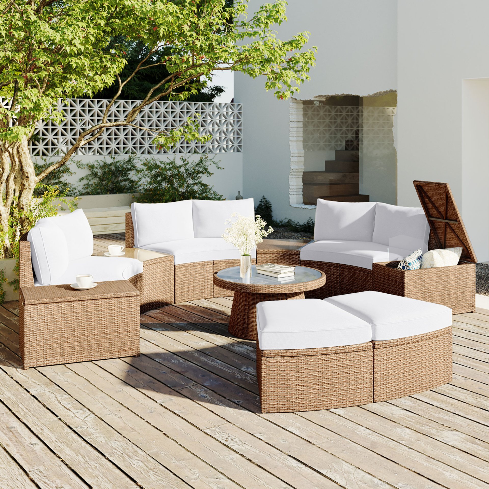 10 Piece Outdoor Sectional Half Round Patio Rattan Sofa Set, Wicker Conversation Furniture Set For Free Combination - White - Image 4