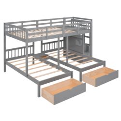 Full Over Twin & Twin Classic Triple Bunk Bed With Drawers And Guardrails - Gray