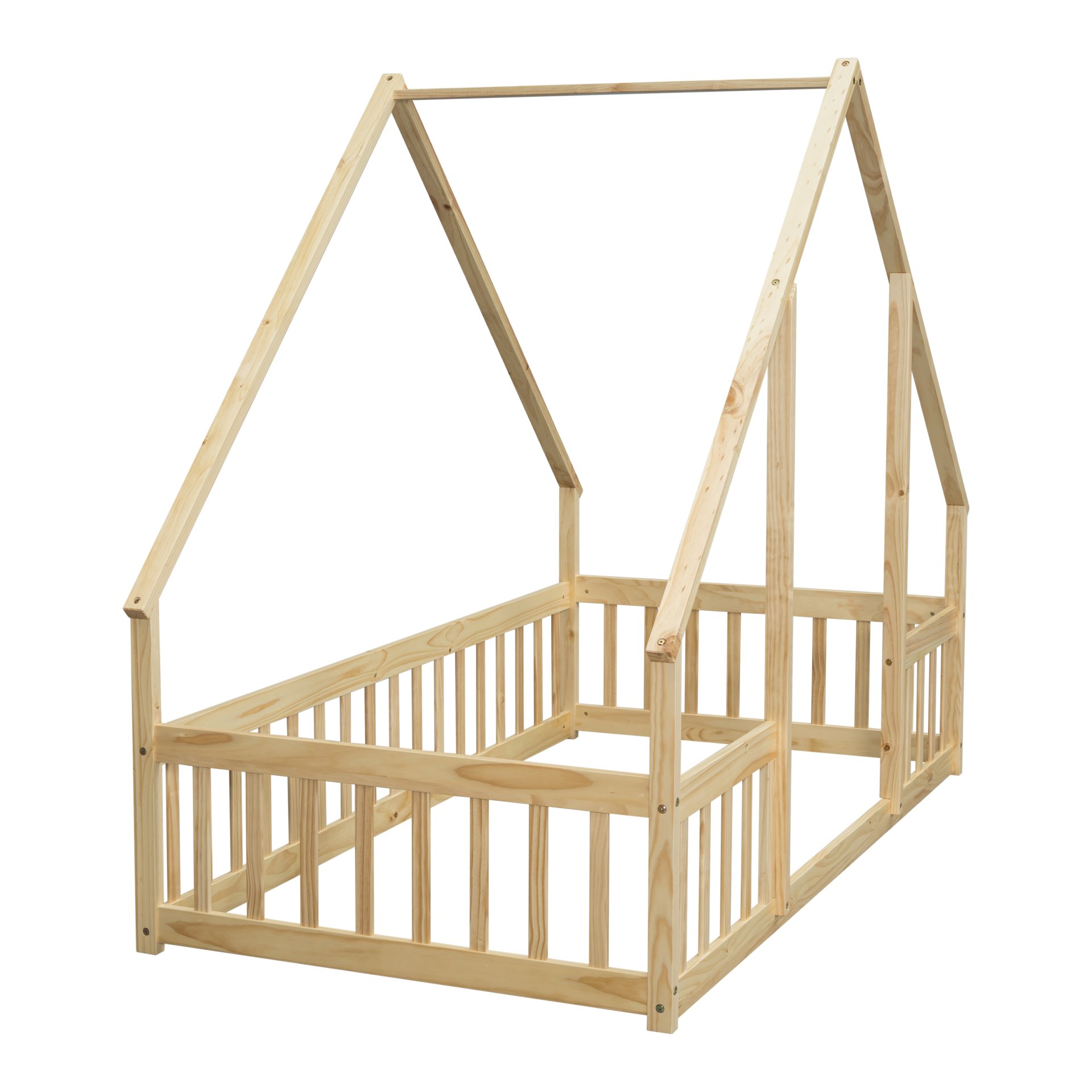 Twin Wood House-Shaped Floor Bed With Fence, Guardrails - Natural - Image 17