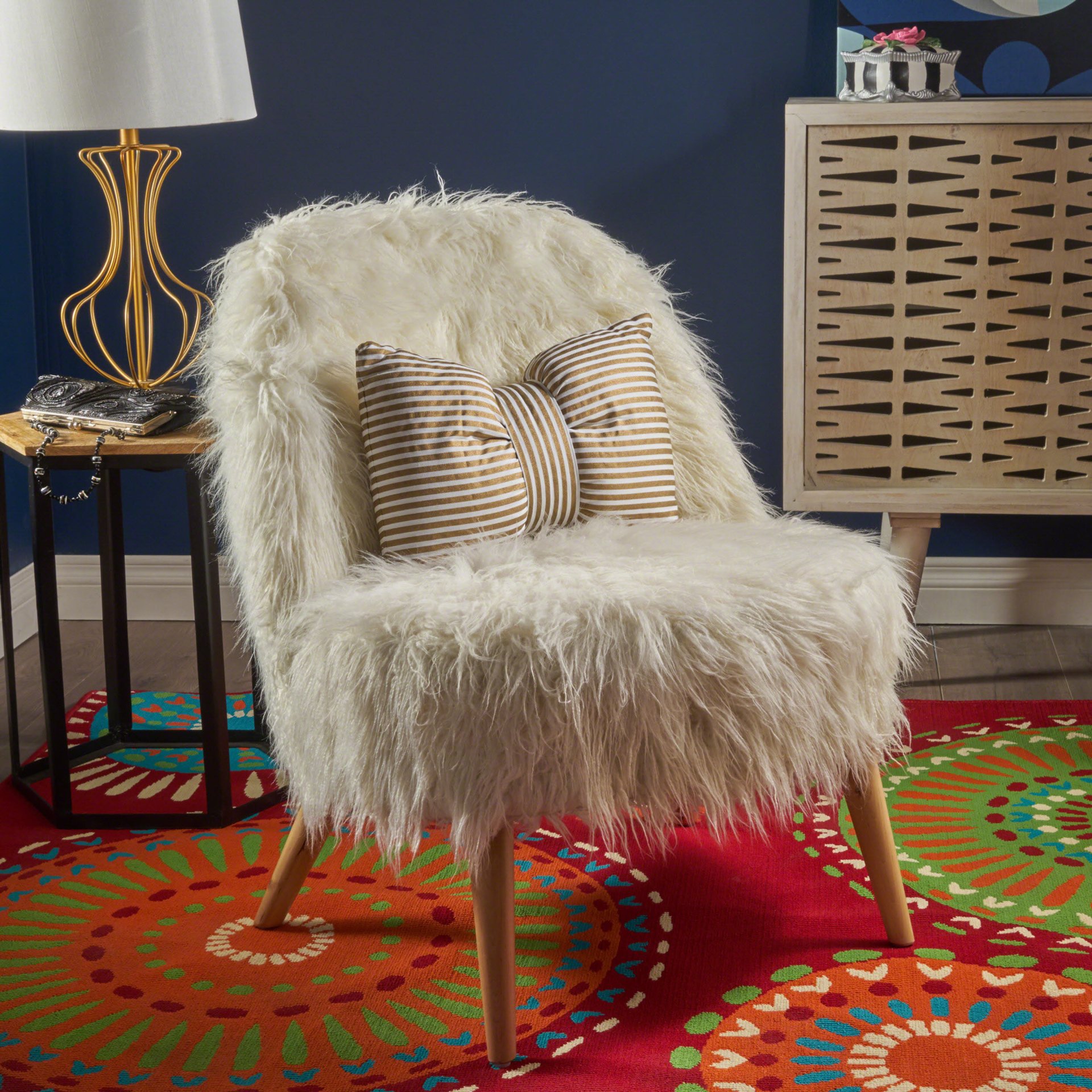 Modern Glam Club Chair With Shaggy Textures - White - Image 2