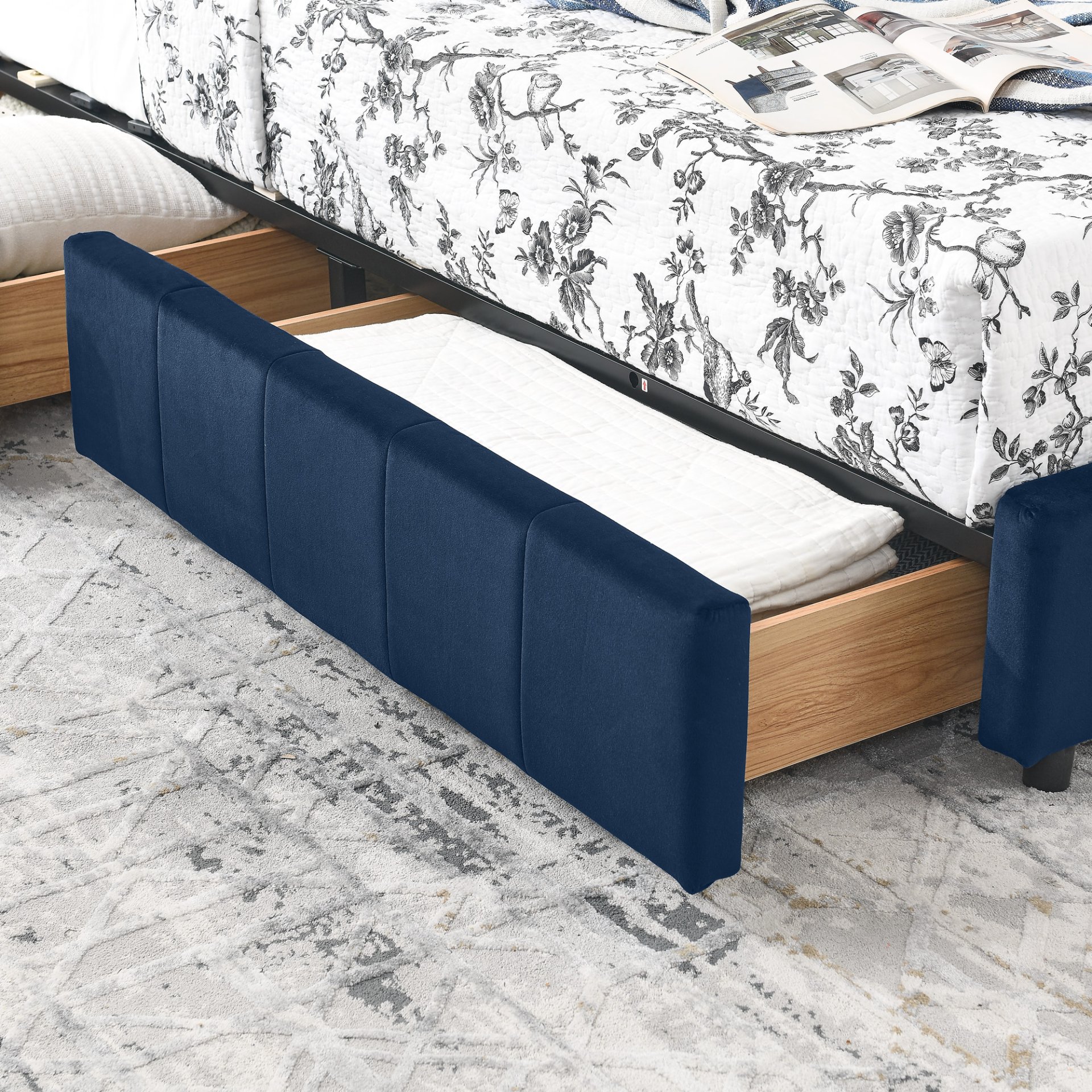 Mid Century Upholstered Tufted Full Size Storage Bed Frame With Velvet - Dark Blue - Image 11