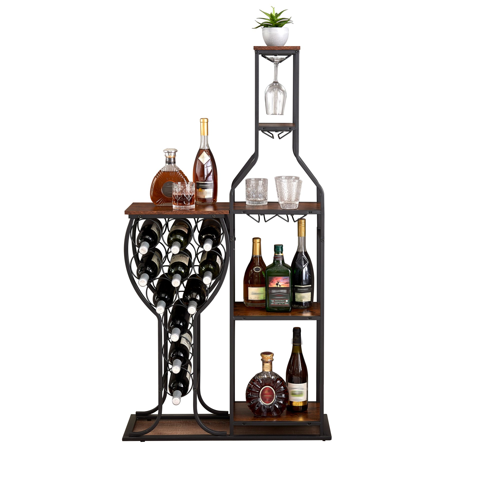 11 Bottle Wine Bakers Rack, 5 Tier Freestanding Wine Rack With Hanging Wine Glass Holder And Storage Shelves, Wine Storage Home Bar For Liquor And Wine Storage for Kitchen, Dining Room - Antique Brown / Black - Image 5